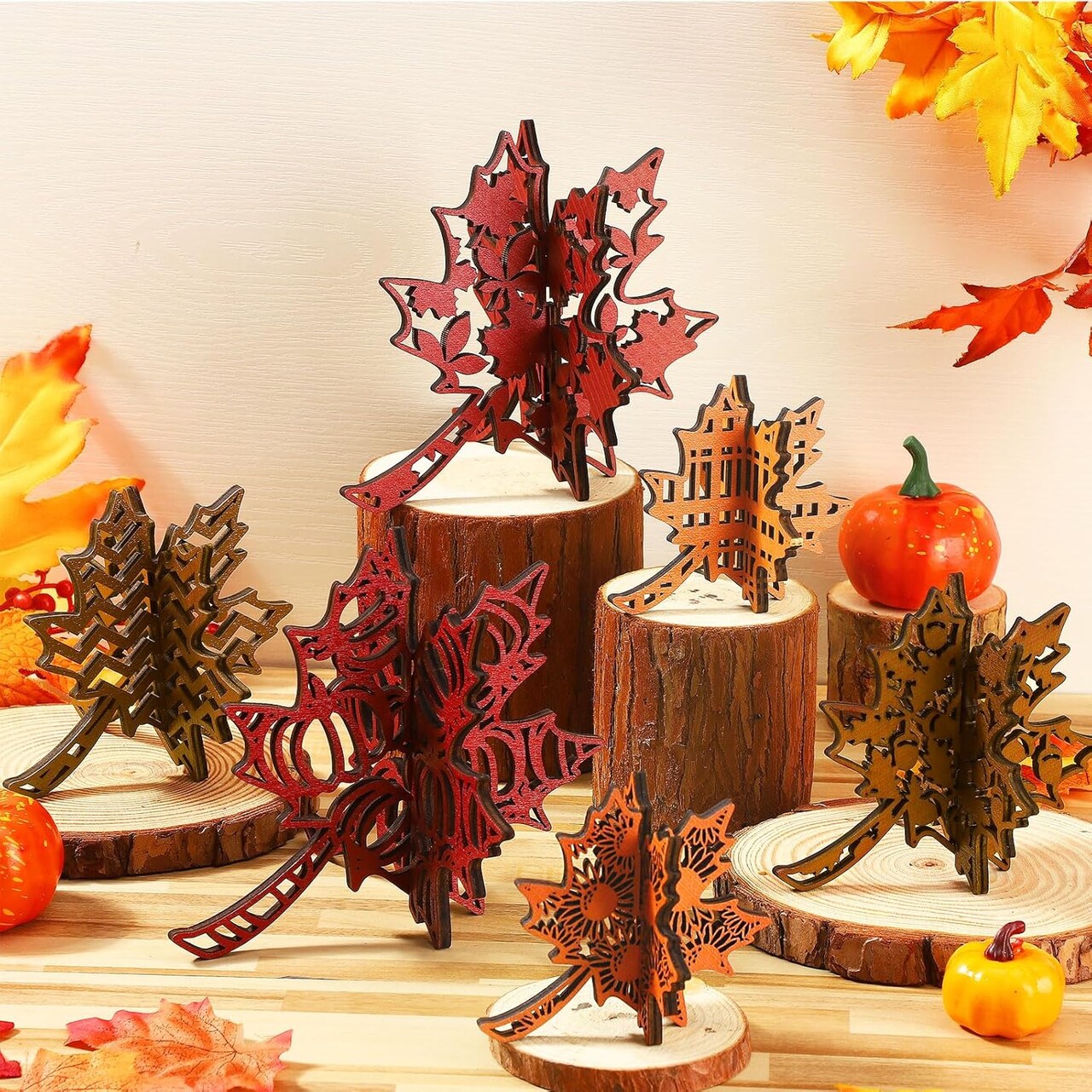 12 Pcs Thanksgiving Wooden Table Signs Maple Leaf Wood Tabletop Decoration